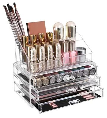 Produktbild von Make-up-Organizer, Kosmetik-Organizer mit 3 Schubladen und 15 Fächern unterschiedlicher Größe, transparent JKA002TP