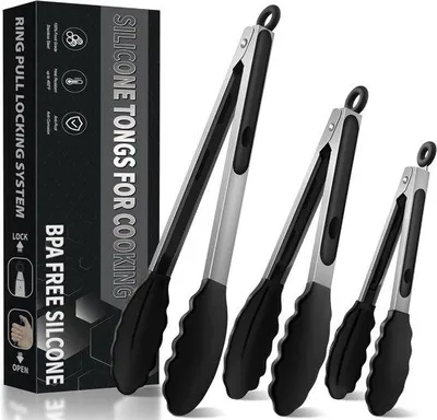 Image de Pince à barbecue en silicone avec poignées antidérapantes - Lot de 3 - Résistante à la chaleur jusqu'à 250 °C - Embouts en silicone sans BPA - Pour la cuisine et les barbecues