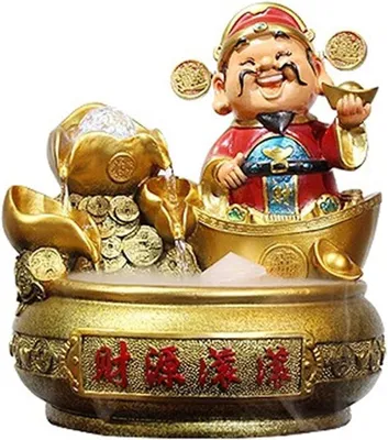 Produktbild von Handgefertigter Kunstharz-Tischbrunnen mit Wasserfall und Symbol des Reichtumsgottes für Wohnzimmer, Büro und Zuhause als Zen-Meditationsbrunnen