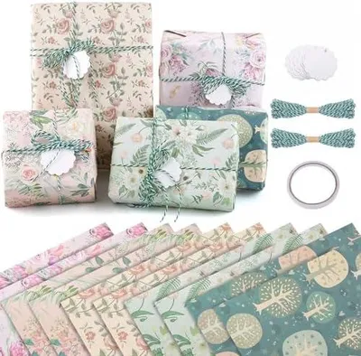 Produktbild von Geschenkpapier Frühling,10 Bögen Geschenkpapier Ostern Geschenkpapier Vintage Blumen Geschenk Papier mit Hanfseil & Kraftpapieranhänger für Frauen Männer Mädchen Junge