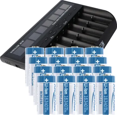 Produktbild von 8fach Schnell-Ladegerät und 16 Stück CR123 A Li-Ion Akku mit 3,6V, 3,7 Volt, 850mAh