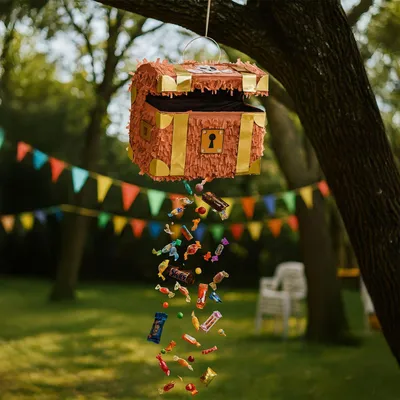 Produktbild von Piratenschatzkiste-Piñata-Set mit Fledermaus und Maske