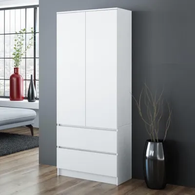 Produktbild von Kleiderschrank mit griffloser Front Jorn 90 cm Drehtürenschrank mit Schubladen 2-türig Schrank, Farbe: Weiß