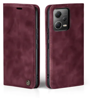 A burgundy flip case for a smartphone is shown from two angles.