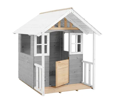 A wooden playhouse with a porch and windows, set against a white background.
