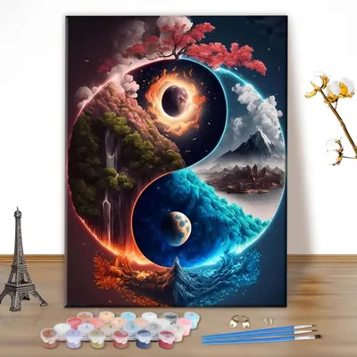 Produktbild von Malen nach Zahlen Set Yin und Yang 40x50cm Ohne Rahmen Acrylfarben Pinsel DIY Kit