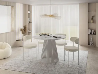 Produktbild von Esstisch Rund Ausziehbar mit Lamellen im Loft-Stil – 120 bis 200 cm – Industrieller Tisch mit Kaschmir Metallbeinen, Platzsparend für Wohnzimmer oder Esszimmer – Marmor Weiß