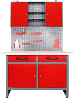 Produktbild von Ondis24 Metall Werkstatt Set 120 cm "Werner" Werkbank + Schrank Arbeitshöhe 85 cm abschließbar höhenverstellbare Füße Arbeitsplatte Holz Werkstatteinrichtung Packtisch Werktisch Werkstatttisch Montagewerkbank Hängeschrank Werkzeugschrank Werkstattschrank Werkzeugwand Werkstattwand Werkzeughalter Lochblech Lochwand