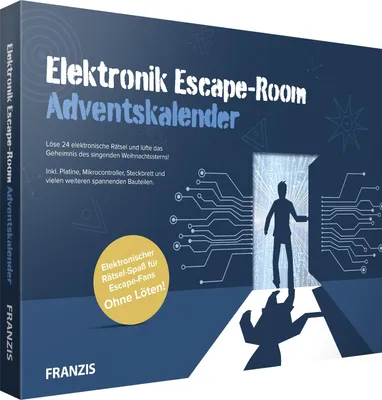 The image shows the front packaging of an electronics escape room advent calendar.