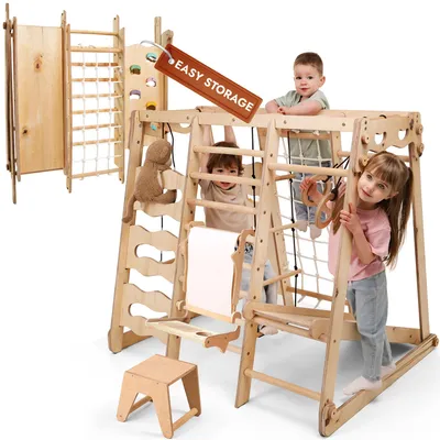Image de Structure d'escalade d'intérieur 9-en-1 améliorée : aire de jeux Montessori avec toboggan, balançoire, mur d'escalade, triangle d'escalade et kit artistique pour la chambre d'enfant