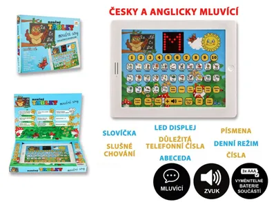 Obrázok produktu pre Vzdelávací tablet múdre sovy dvojjazyčný CZ+AJ plast 24x19x2cm na batérie so zvukom v krabici 32x23x3cm