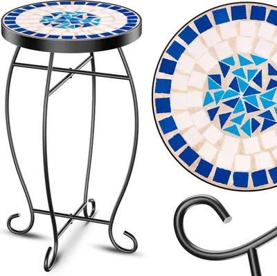 A mosaic-topped side table with a black metal frame, shown from the side and with a close-up of the tabletop.