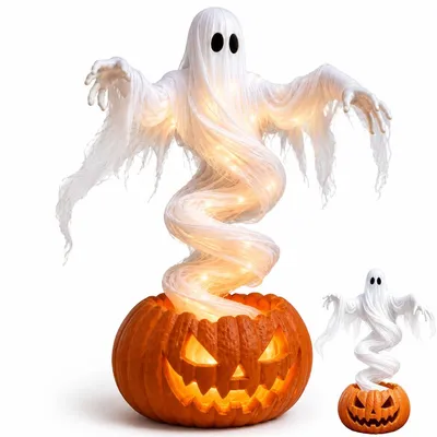 Produktbild von Drehender Halloween Geist Kürbis, LED Garten Deko mit Lichteffekt, Leuchtende Geist Lampe für Terrasse, Garten, Party & Herbst Dekoration