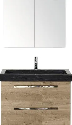 Produktbild von Sanox Badmöbel-Set Seville BxHxT 81 x 170 x 45,5 cm Frontfarbe eiche natur mit Waschtisch Naturstein schwarz, Waschbecke