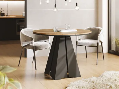 Produktbild von Runder Ausziehbarer Esstisch mit Schwarzem Metallgestell - Moderner Industrieller Tisch für Esszimmer oder Küche - 100 cm bis 180 cm -  EU - Craft Eiche