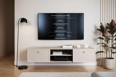 Zdjęcie produktu dla Szafka RTV wisząca 150 cm kaszmir z szufladami Lorini złote uchwyty półki