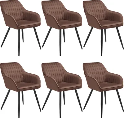 Six brown upholstered dining chairs with black legs are arranged in two rows of three against a white background.