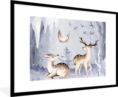 Produktbild von MuchoWow® Gerahmtes Poster Winter - Hirsche - Vögel - Schnee 90x60 cm - Poster mit Schwarzem Bilderrahmen Wandposter Rahmen Foto Bilder - Wanddekoration - Fotos