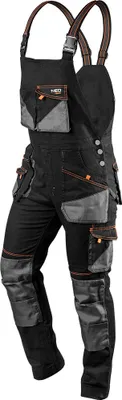 A pair of black overalls with multiple pockets and brown straps, presented against a white background.