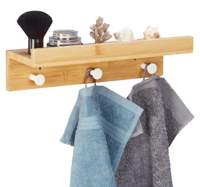 Produktbild von Wandregal mit Hakenleiste, Bambus, HBT: 10 x 36 x 12 cm, Handtuchhalter Bad, Garderobe Flur, 3 Haken, Natur
