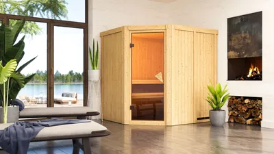 Produktbild von Karibu Sauna Innensauna Lilja Eckeinstieg ohne Zubehör 196x170x198 cm ohne Dachkranz mit Bronzierter Tür