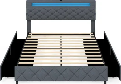 Produktbild von Gepolstertes Bettgestell 160x200 cm mit LED-Beleuchtung, USB-Anschluss und Schubladen