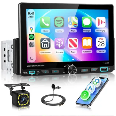 Imagen del producto de Radio para coche de 1 DIN con CarPlay, Android Auto y Bluetooth para llamadas en modo manos libres