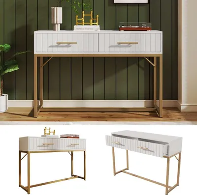 Zdjęcie produktu dla Biała toaletka z szufladami do sypialni, uniwersalna komoda jako kredens lub kredens, stylowa i funkcjonalna, wys. 75/B100/D45 cm