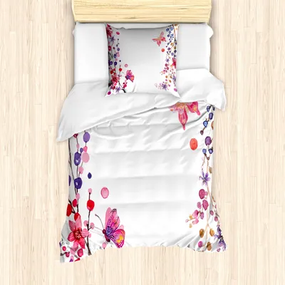 Produktbild von ABAKUHAUS Schmetterling Mantele, Floral Art und Schmetterling, Milbensicher Allergiker geeignet mit Kissenbezügen, 135 cm x 200 cm - 80 x 80 cm, Rosa, Lila, Weiß