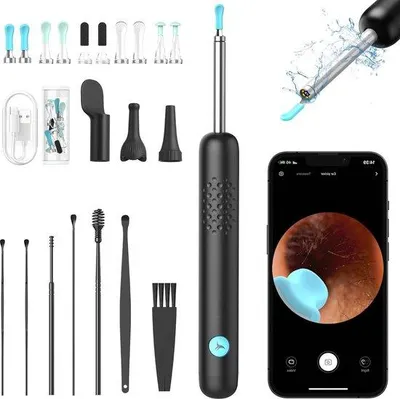 Obrázek produktu pro Otoscoop 1080HD – ušní otoskop s 360° širokoúhlou kamerou, 6 LED diodami, vodotěsností IP67, čistič uší a odstraňovač ušního mazu pro smartphony