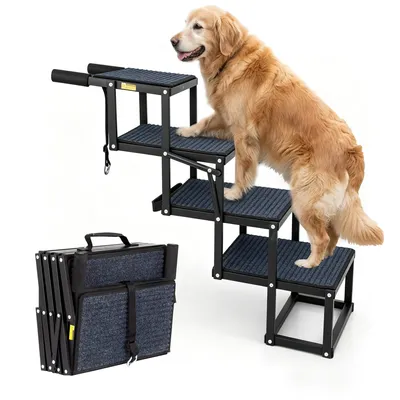 Produktbild von Hundetreppe Klappbar 4 Stufen Auto Für Große Hunde mit Teppich Hunderampe Auto Faltbare Kofferraum Einstiegshilfe Haustiertreppe bis 115KG