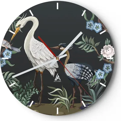Produktbild von Wanduhr - Rund - Glasuhr - Asiatisch Reiher Blumen - 40x40cm - Schleichendes Uhrwerk - Lautlos - zum Aufhängen bereit - Dekoration Modern - Wanddekoration aus Glas - C3AR40x40-4699