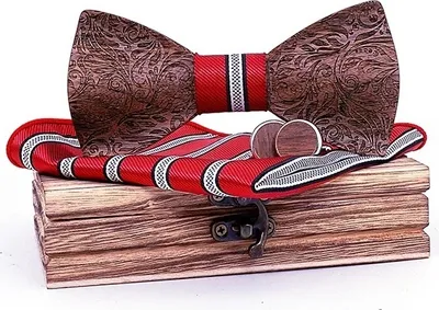 Produktbild von Elegante Holzfliege Set - Rot mit Taschentuch & Manschettenknöpfen KP30891