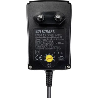 Productafbeelding van VOLTCRAFT VC-11320905, netvoeding met stekker, instelbaar op 3 V/DC, 4.5 V/DC, 5 V/DC, 6 V/DC, 7.5 V/DC, 9 V/DC, 12 V/DC, 1.5 A, 18