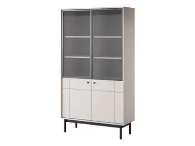 Image de Vitrine : deux portes, dix étagères, couleur : cachemire, pieds en bois : noir, dimensions du meuble : l : 103,5 cm, H : 184,6 cm, P : 39 cm