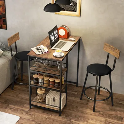 Produktbild von Bartisch-Set 3-teilig mit 2 Barhockern, Stehtisch mit Regal, Küchentisch Esstisch Eiche-Optik Schwarz | 90x50x90,5 cm | Kunstleder Sitz | Stahlgestell