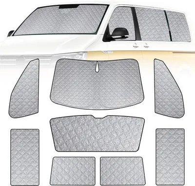 Immagine prodotto di Set di parasole pieghevoli Ibenzoa® per VW T5/T6 con passo corto: protezione termica a 6 strati, fino al 99% di protezione dai raggi UV, per parabrezza, 6 finestrini laterali e lunotto, con anelli in acciaio rinforzati