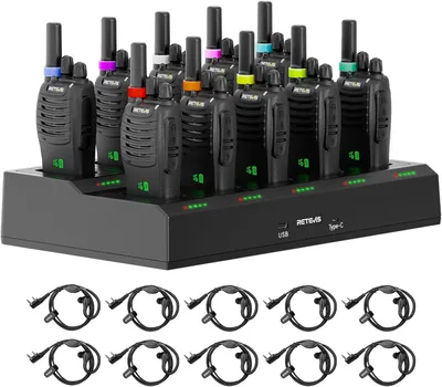 A set of 10 walkie-talkies and their charging base, with 10 individual headsets shown below.