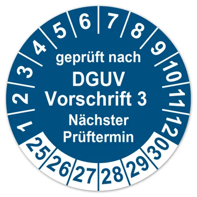 Prüfplakette DGUV V3, 50 Stk, blau, 30 mm, Vinyl, selbstklebend