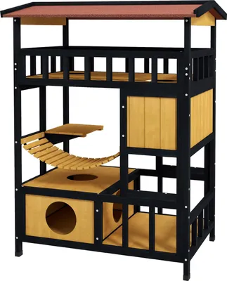 Image de Maison pour chats en bois Cave à chats avec plateformes, pont suspendu, niche pour jusqu'à 2 chats, intérieur et extérieur, jaune