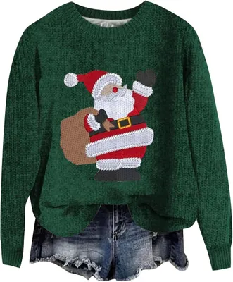 Produktbild von ASKSA Damen Lustige Weihnachtspullover Strickpullover Winter Rundhals Pulli Christmas Sweater Langarm Oberteile Warm Weihnachtspulli,C-Gruen,2XL