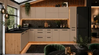 Produktbild von Eckküchenzeile 330x210 cm L-Form Winkelküche Küchenblock Einbauküche ohne Arbeitsplatte, LETANO Lovo 16 Beige mit Push-To-Open
