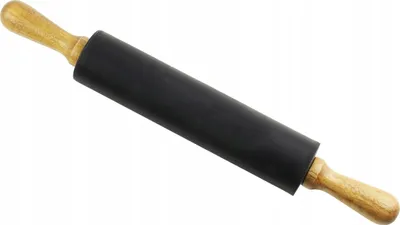 A rolling pin with a black silicone barrel and wooden handles, set against a white background.