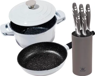 Produktbild von 8tlg. Vorteilsset: Ø24cm Schmortopf SHINE GREY + Ø28cm Bratpfanne SHINE GREY + Messerset ANTHRAZIT