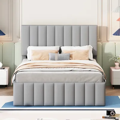 Produktbild von okwish Polsterbett 140 x 200 cm mit Rollbett und 3 Schubladen, Leinen, Grau