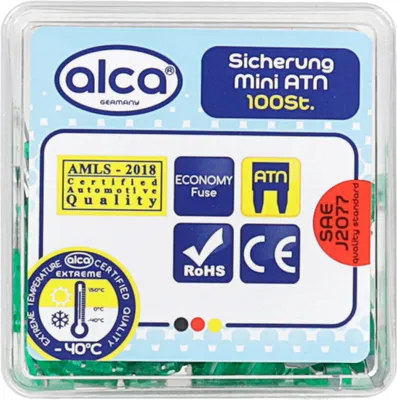Produktbild von alca® Mini-Sicherungen 30A; 100 St. Economy Box 32 V grün Mini Flachsicherung Stecksicherung für Fahrzeuge Auto Motorrad Wohnwagen Camper Moped