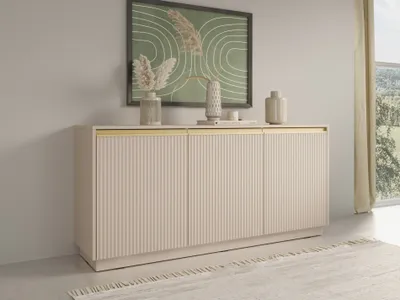 Produktbild von DMK Deutsches Milchkontor Kommode, 3 Türen, Beige, Schichtstoffplatte, moderne goldene Griffe, geräumige Einlegeböden, 71,6 cm x 153,4 cm x 39 cm, für Wohnzimmer, Schlafzimmer, Flur, Büro