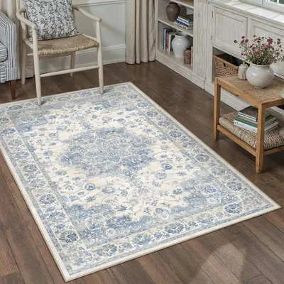 Productafbeelding van Tapijt voor de woonkamer, 80x150 cm, blauw, wasbaar, korte pool, vintage stijl, rechthoekig