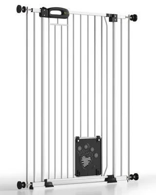 Image de BOMI® Barrière pour animaux Merle avec chatière – Sans perçage – À pression – Barrière de porte blanche pour chien et chat