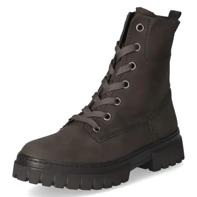 A studio shot of a single gray lace-up boot.